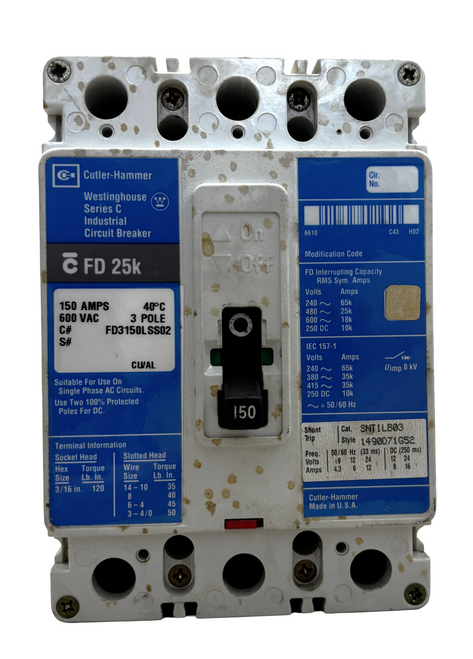Cutler Hammer FD3150LSS02 Circuit Breaker | 150A 3P 600V | 25kA @ 480V | FD Frame | LS Trip Unit | Stained | MCCB | UL Listed