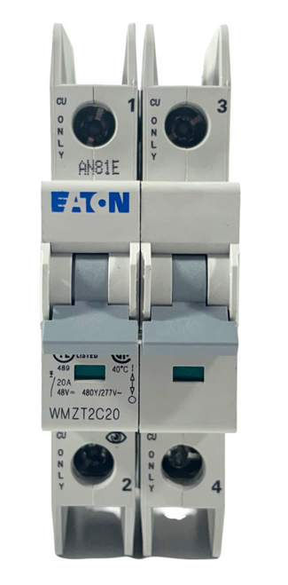 Eaton WMZT2C20 Breaker 20A 277/480V 2P 1PH 10kA Type C DIN Rail Feed-Thru LI