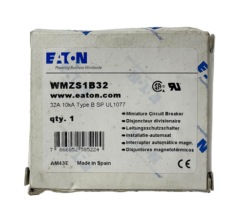 Eaton WMZS1B32 Circuit Breaker | 32A | 1-Pole | 277V AC | 10kA | Type B | DIN Rail Mount | Trip Indicator