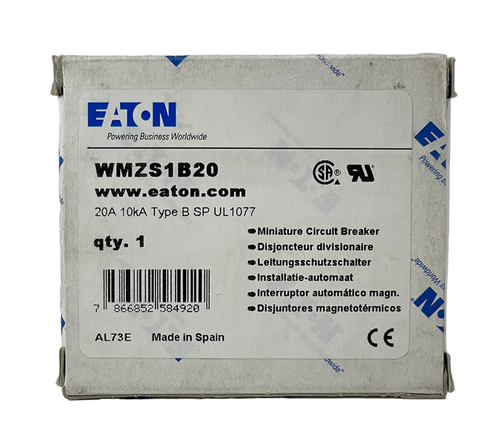 Eaton WMZS1B20 Circuit Breaker | 20A | 1-Pole | 277V AC | 10kA | Type B | DIN Rail Mount | Trip Indicator | Standard Terminal