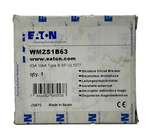 Eaton WMZS1B63 Circuit Breaker | 63A | 1-Pole | 277/480V AC | 10kA | Type B | DIN Rail Mount | Trip Indicator | Standard Terminal