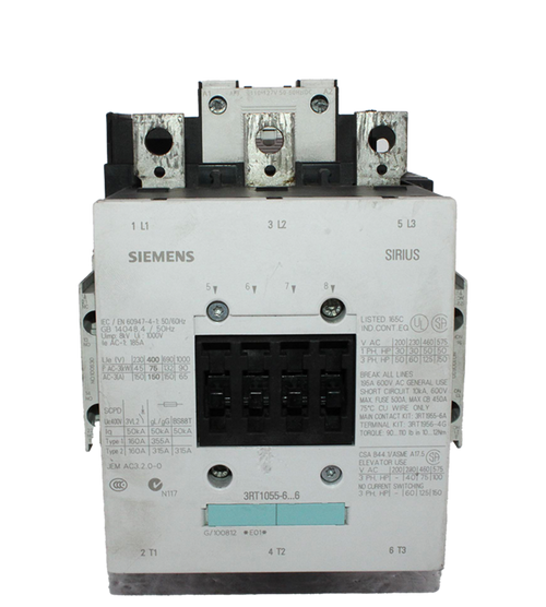 Siemens 3RT1055-6AF36 Contactor 195A 600V 3Ph 50kA w/ 110/127V Coil & 240V Aux