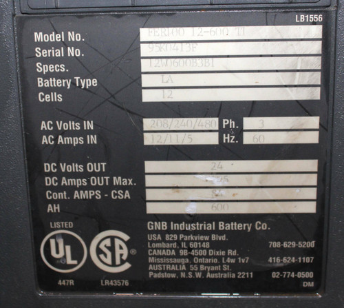 GNB FER100 12-600 T1 Forklift FER Battery Charger 100 208-480V, 3Ph, 60Hz, Specs: 12W0600B3B1, Battery Type: LA, Cells: 12