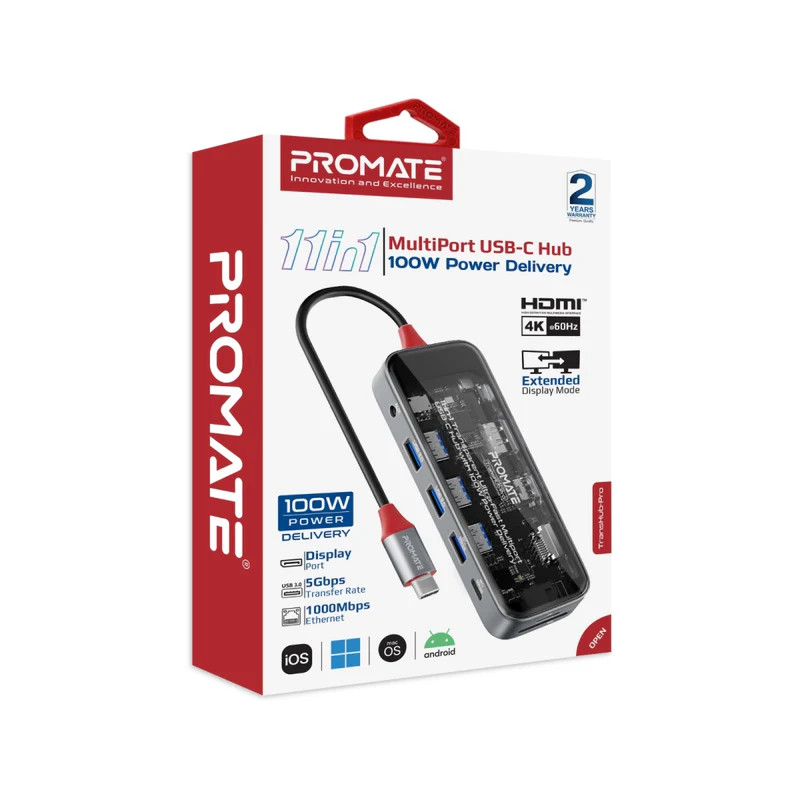 Promate Promate 11-in-1 Transparent Ultra-Fast Multiport USB-C Hub with 100W Power Delivery | TRANSHUB-PRO - Computers & Tech - Lebanon