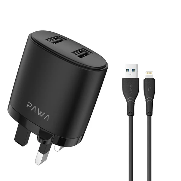 PAWA Pawa Dual USB Port Charger With Lightning Cable, Black | PW-24AIUKL-BK - Phones & Wearables - Lebanon