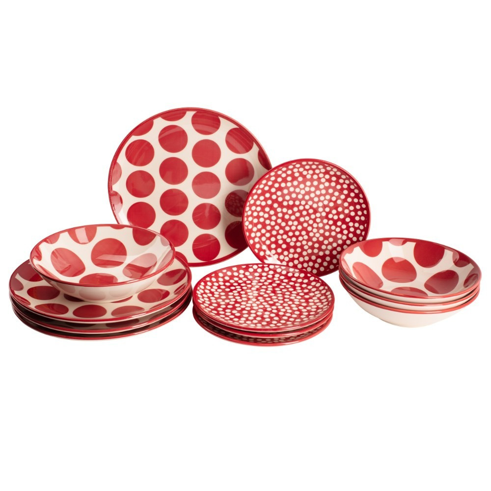 Benetton Benetton Home Set 12Pcs Tableware (4Xdinner Plate 27cm 4xdeep Plate 21cm 4x Dessert Plate 19cm) Stoneware Red Dots | BE-2063 - Home & Kitchen - Lebanon