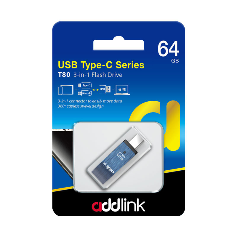 Addlink Addlink Flash Drive T80 64GB 3in1(TypeC+Micro USB+USB 3.1)Blue | ad64GBT80B3 - Computers & Tech - Lebanon