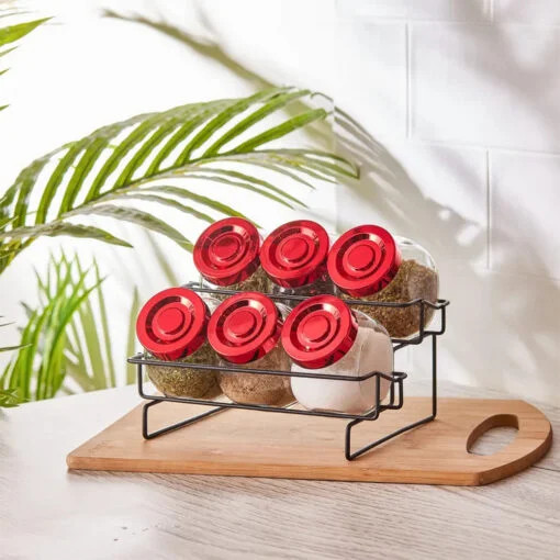 Karaca Karaca Sunrise 6Pcs Glass Spice Rack Set And Stand 200ML – Red | 153.03.06.2476 - Home & Kitchen - Lebanon
