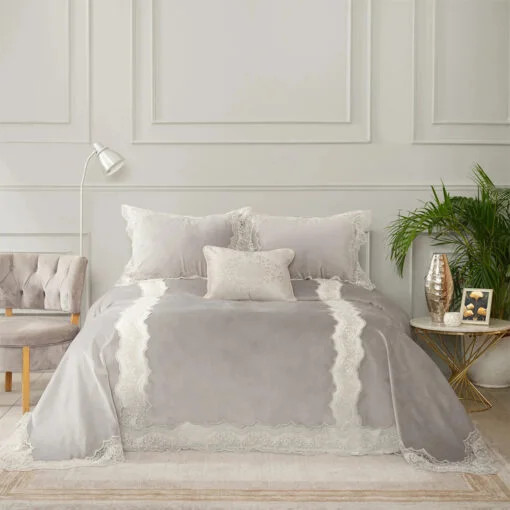Karaca Karaca Home Mathilda Blue 4Pcs Gold French Lace Dowry Bedspread Set | 200.21.01.0330 - Home & Kitchen - Lebanon