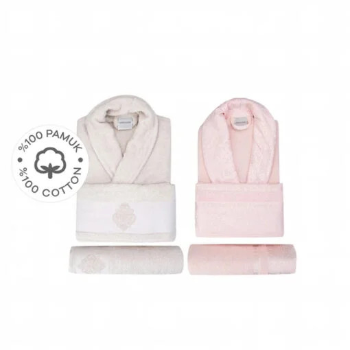 Karaca Karaca Home Vivien Flos 100% Cotton 6Pcs Stone Powder Family Bathrobe Set | 200.17.01.0398 - Home & Kitchen - Lebanon