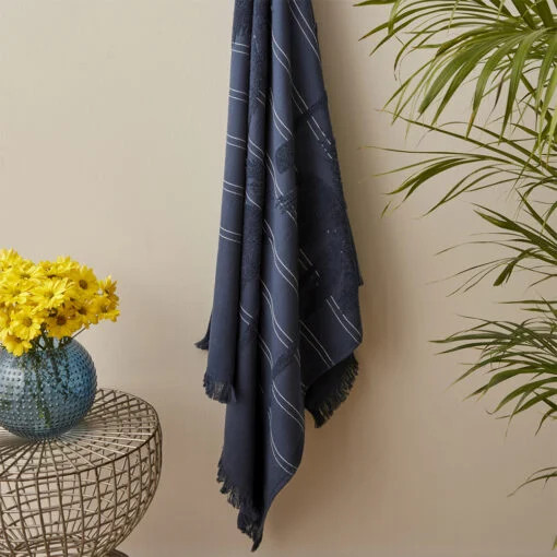 Karaca Karaca Home Denim Palm 100% Cotton Bath Towels 85x150cm Navy Blue | 200.22.14.0237 - Home & Kitchen - Lebanon