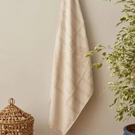 Karaca Karaca Home Denim Palm 100% Cotton Bath Towels 85x150cm Beige | 200.22.14.0239 - Home & Kitchen - Lebanon