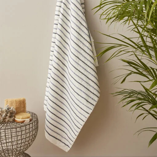 Karaca Karaca Home Denim Blue Striped 100% Cotton Bath Towels 85x150cm White | 200.22.14.0247 - Home & Kitchen - Lebanon