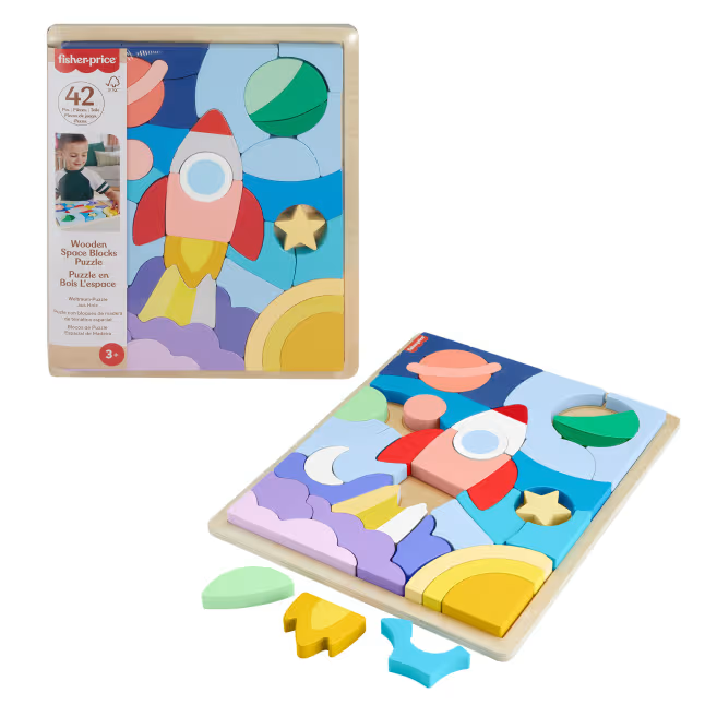 Fisher Price Fisher‑Price Wooden Space Blocks Puzzle | MTFP XY42 - Toys & Games - Lebanon