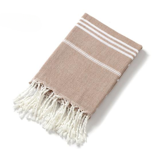 Turkish Beach Towel – Beige & White with Tassels | AL-42238-1 - Home & Kitchen - Lebanon