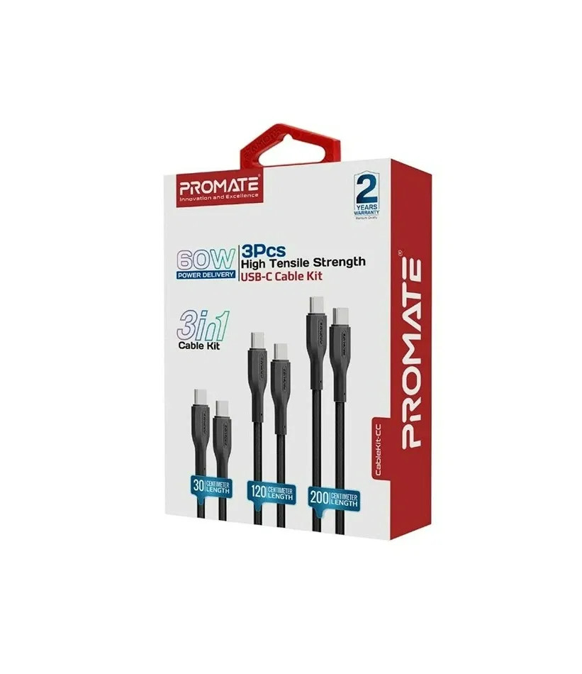 Promate Promate USB-C Cable Kit 60W 3pcs 3-in-1 Cable Kit - Black | CABLEKIT-CC - Computers & Tech - Lebanon