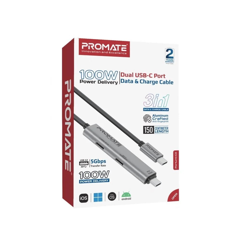 Promate Promate Dual USB-C Port Data & Charge Cable 100W Power Delivery – Grey | PORTLINK-C3 - Computers & Tech - Lebanon