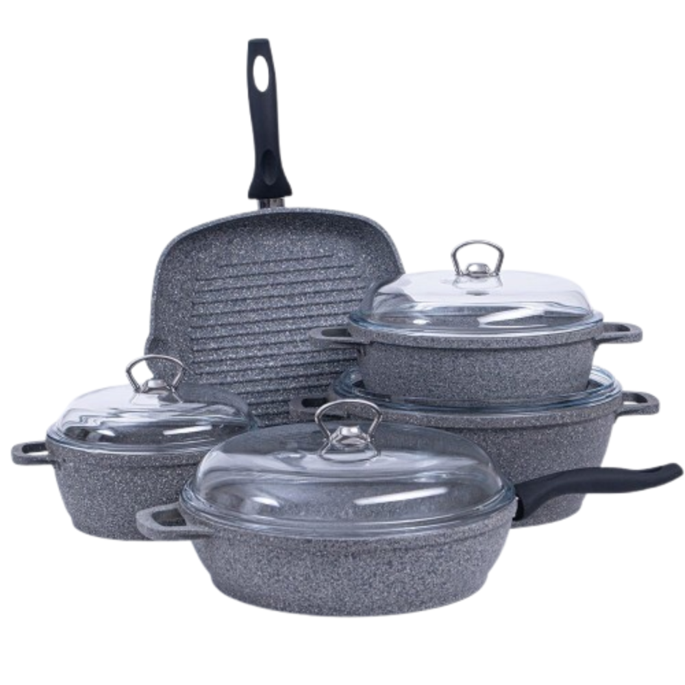 Falez Falez Silico-Cast 9-Piece Cookware Set & Metal Lids (Gray) | HUR-A-15092 - Home & Kitchen - Lebanon