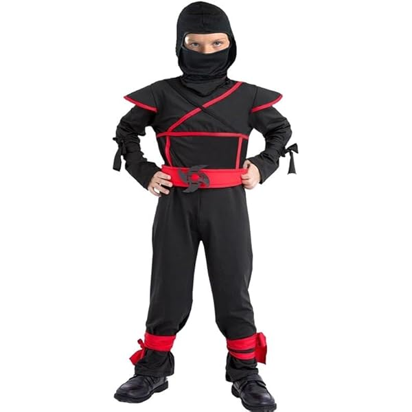 Ninja Warrior Children’s Costume (Hooded Shirt, Pants, Belt, Mask, Armour, Cuffs) - Medium Size (120-130 cm) | 091791 - Toys & Games - Lebanon