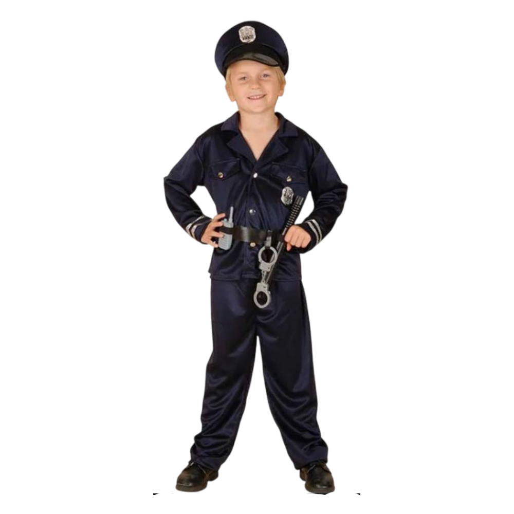 Policeman Costume (Shirt with Belt, Pants, Hat, Intercom, Cuffs, Truncheon) - Medium Size (120-130cm) | 087238 - Toys & Games - Lebanon