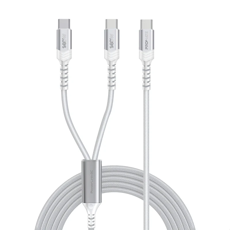 Promate Promate 140W High-Speed Fabric Braided USB-C to Dual USB-C Charging Cable - White | PowerLink-3C.WHITE - Computers & Tech - Lebanon