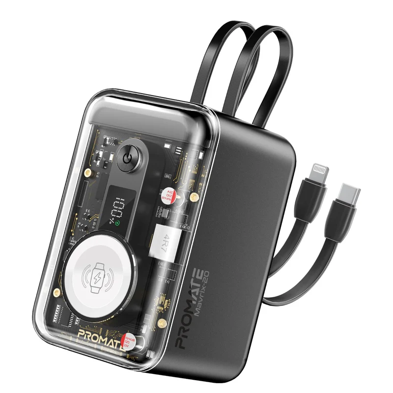 Promate Promate 65W Multi-Device Charging Transparent Power Bank with Built-In USB-C & Lightning Cable | Mavrix-20.BLACK - Computers & Tech - Lebanon