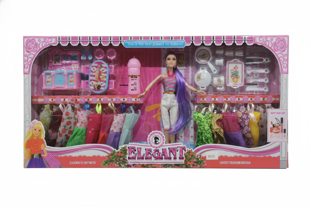 Elegant Fashion Doll Playset - Doll with Kitchen Set, Tableware & Multiple Dresses | 055D - Toys & Games - Lebanon