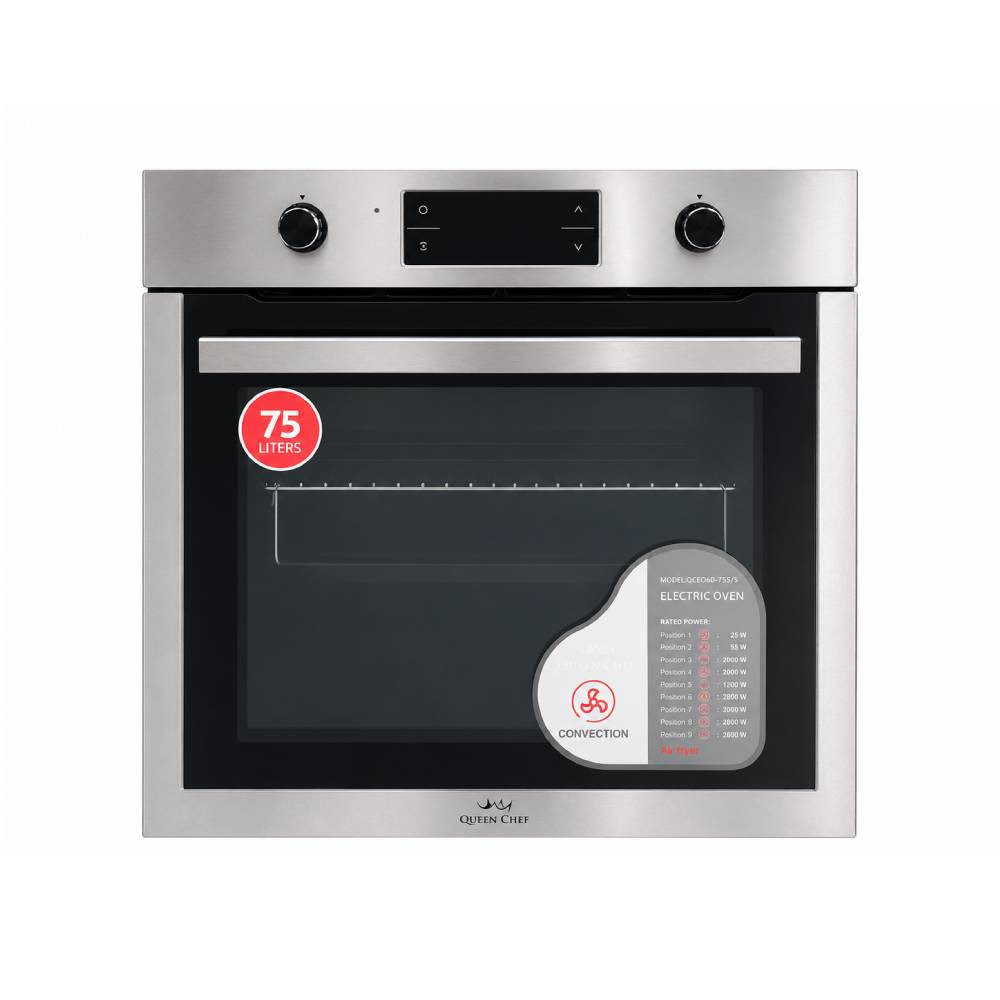 Queen Chef Queen Chef Built-in Electric Oven 60cm Convection Air Fryer 75L Black Glass with Steel Handle | QCEO60-75 S/S - Home & Kitchen - Lebanon