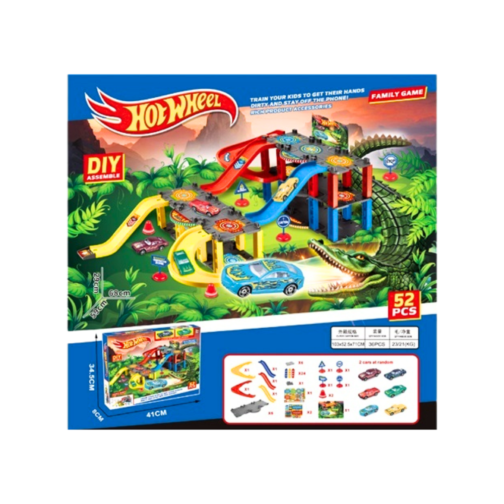 52-Piece Multi-Level Racing Track Playset with Spiral Ramps & Cars - Jungle Adventure Theme | AL6896 - Toys & Games - Lebanon