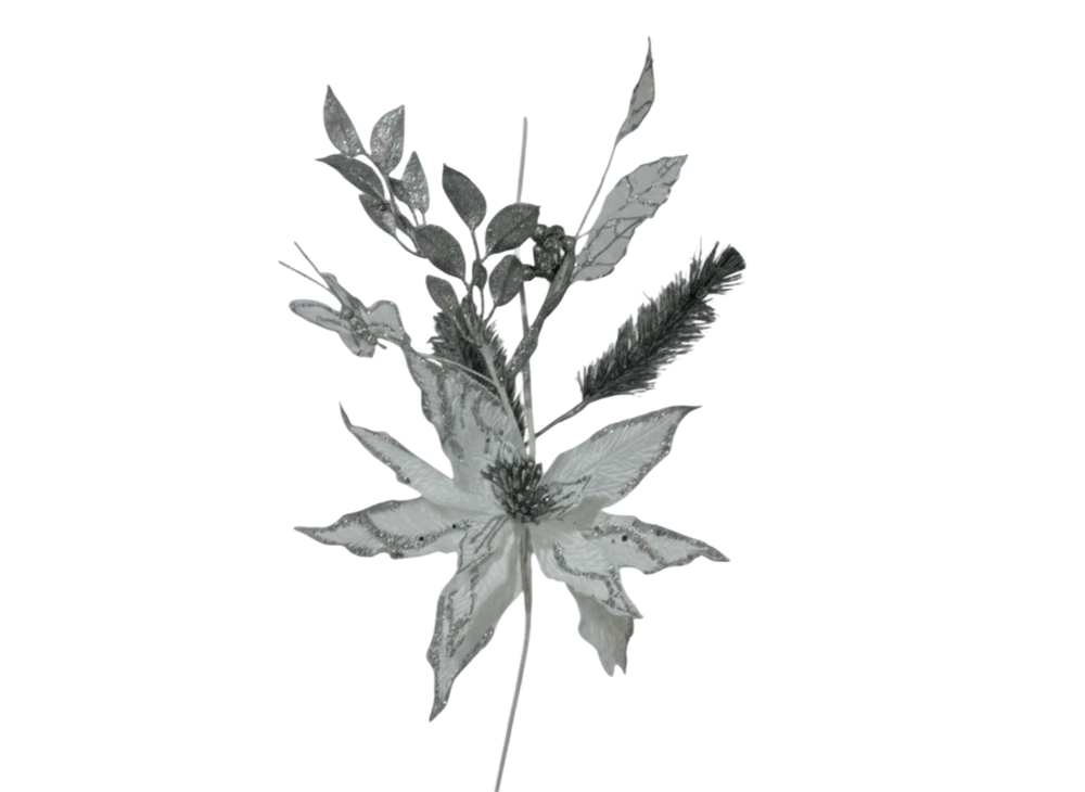Silver Christmas Poinsettia, Glitter Leaves & Pine Decorative Stem | 10055 - Home & Kitchen - Lebanon