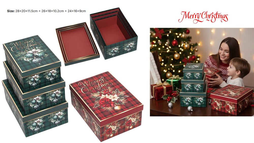 Premium Merry Christmas Gift Box Set - 3-Piece Nested Storage Boxes - Green Plaid Ornament Design | AL1773 - Home & Kitchen - Lebanon
