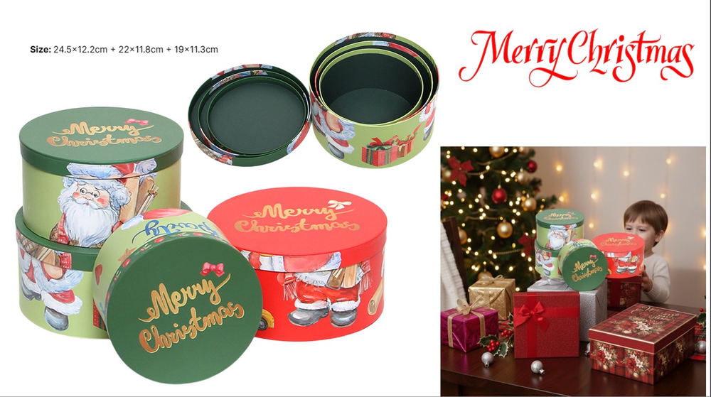 Christmas Round Gift Box Set - 3 Pieces Assorted Sizes Merry Christmas Printed Decoration - Green | AL1769 - Home & Kitchen - Lebanon