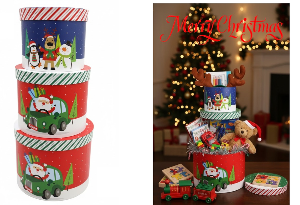 Christmas Gift Box Set - 3 Round Pieces Santa & Friends Design | AL1783 - Home & Kitchen - Lebanon