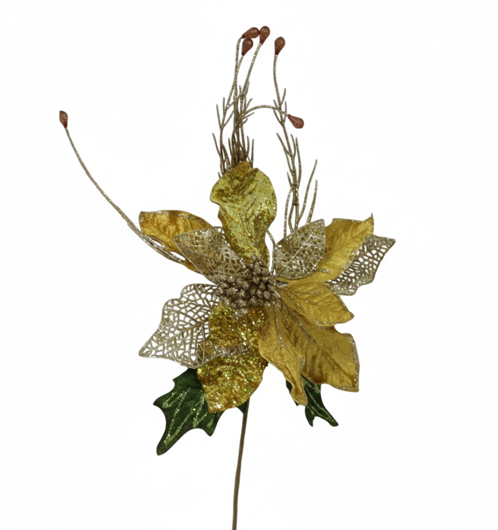  Decorative Gold Flower & Leaf Christmas Pick | 10072 - Home & Kitchen - Lebanon