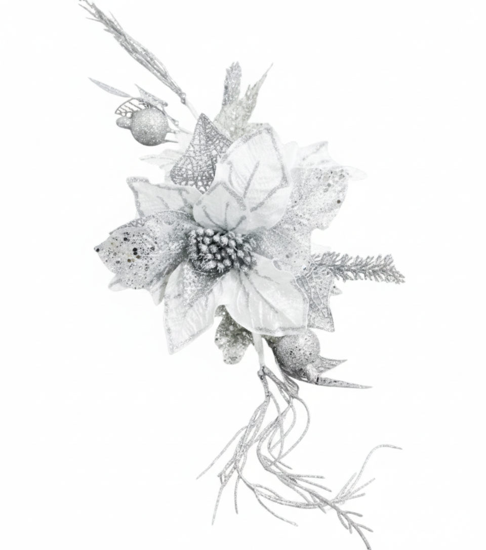 Decorative Silver Flower Christmas Pick | 10076 - Home & Kitchen - Lebanon