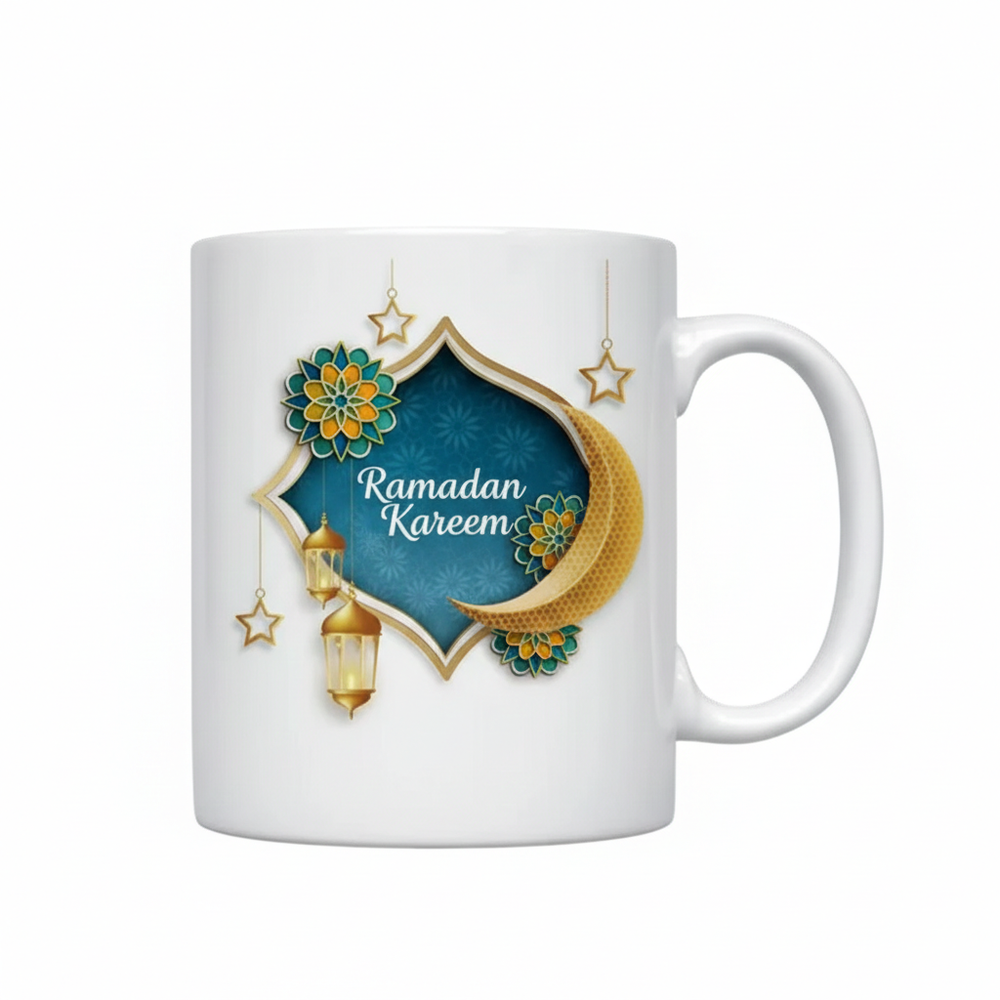 Ramadan Ceramic Mug – Teal Geometric Frame with Crescent & Lantern Design | 7161-36 - Home & Kitchen - Lebanon