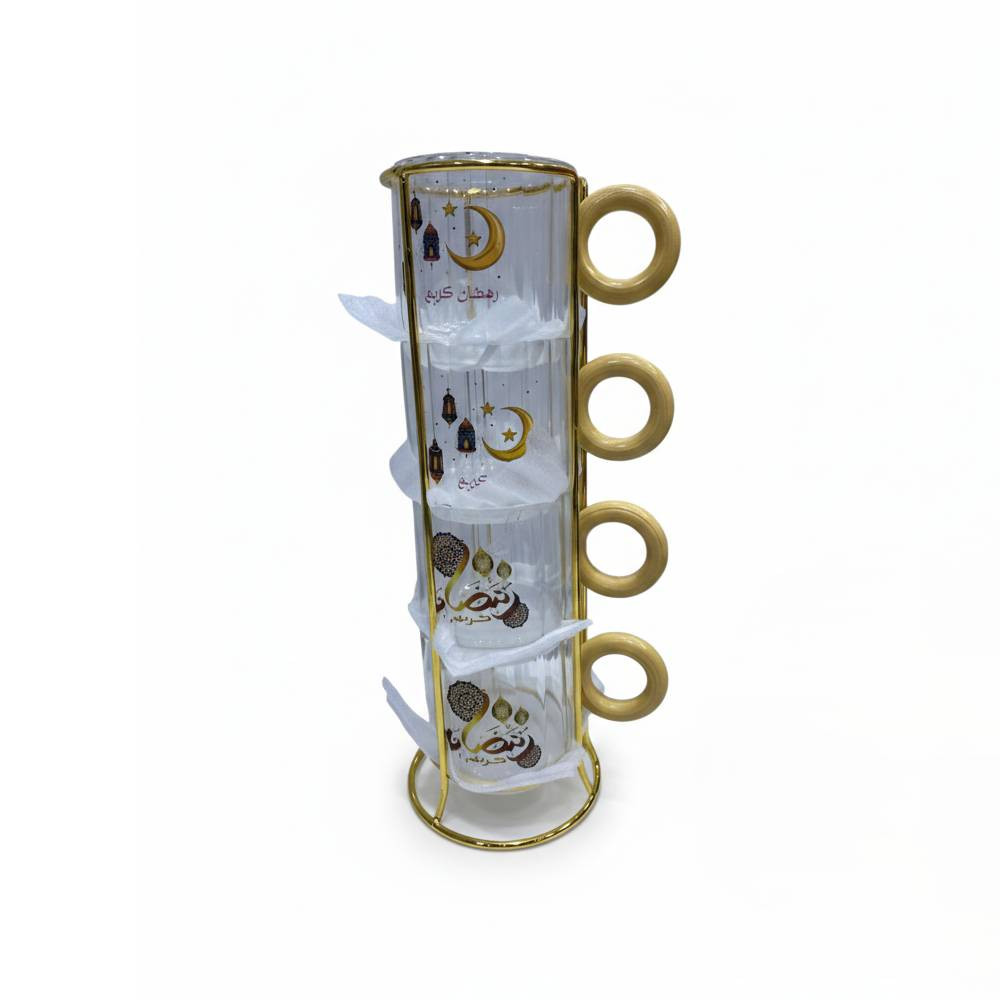  Ramadan Kareem Glass Mug Set with Gold Handles & Stand – Islamic Design (Set of 4) | 7047-5 - Home & Kitchen - Lebanon