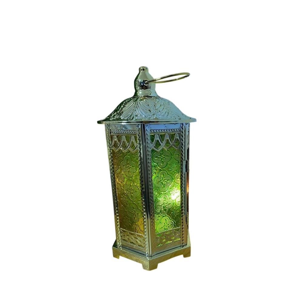 Ramadan Silver Moroccan Style Lantern with Green Glass Panels | 7138-89 - Home & Kitchen - Lebanon