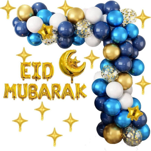 Ramadan Eid Mubarak Blue Gold Balloon Arch Decoration Kit | 7102-8 - Home & Kitchen - Lebanon