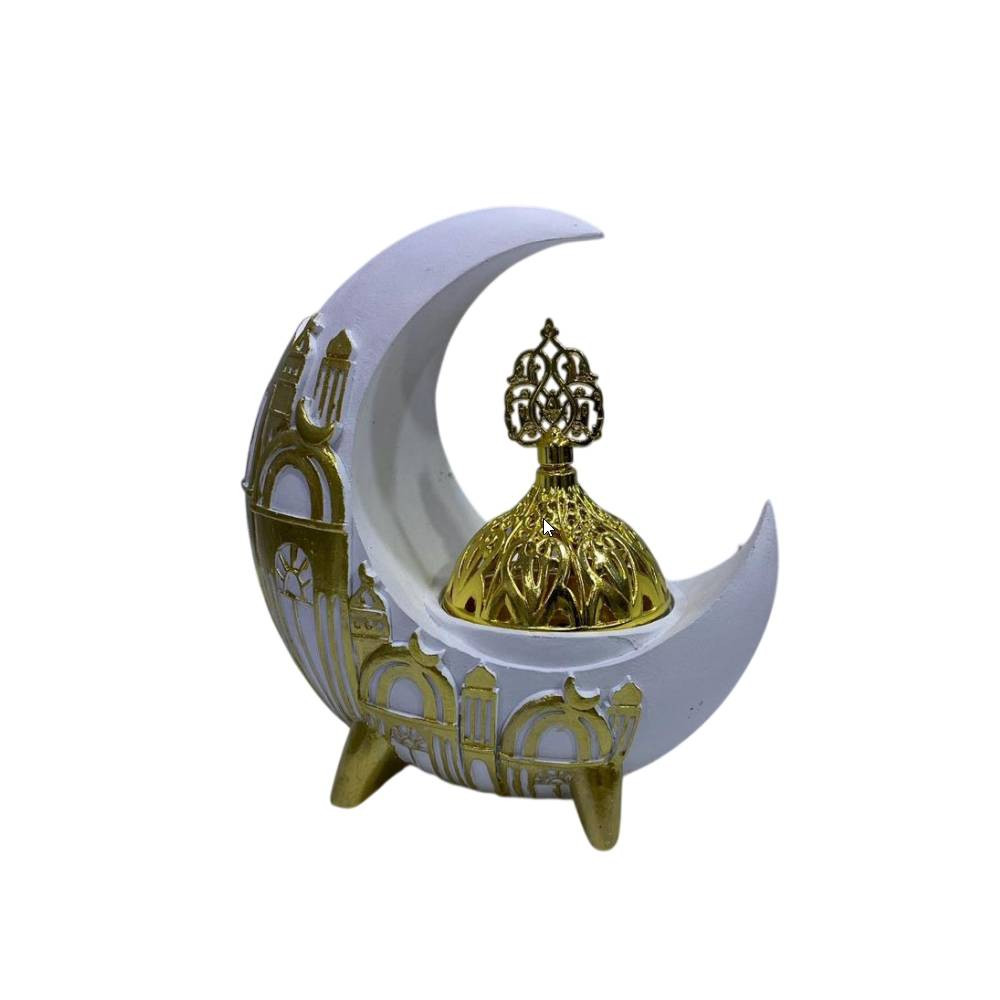 Ramadan Resin Crescent Incense Burner – White & Gold | 2002-42 - Home & Kitchen - Lebanon