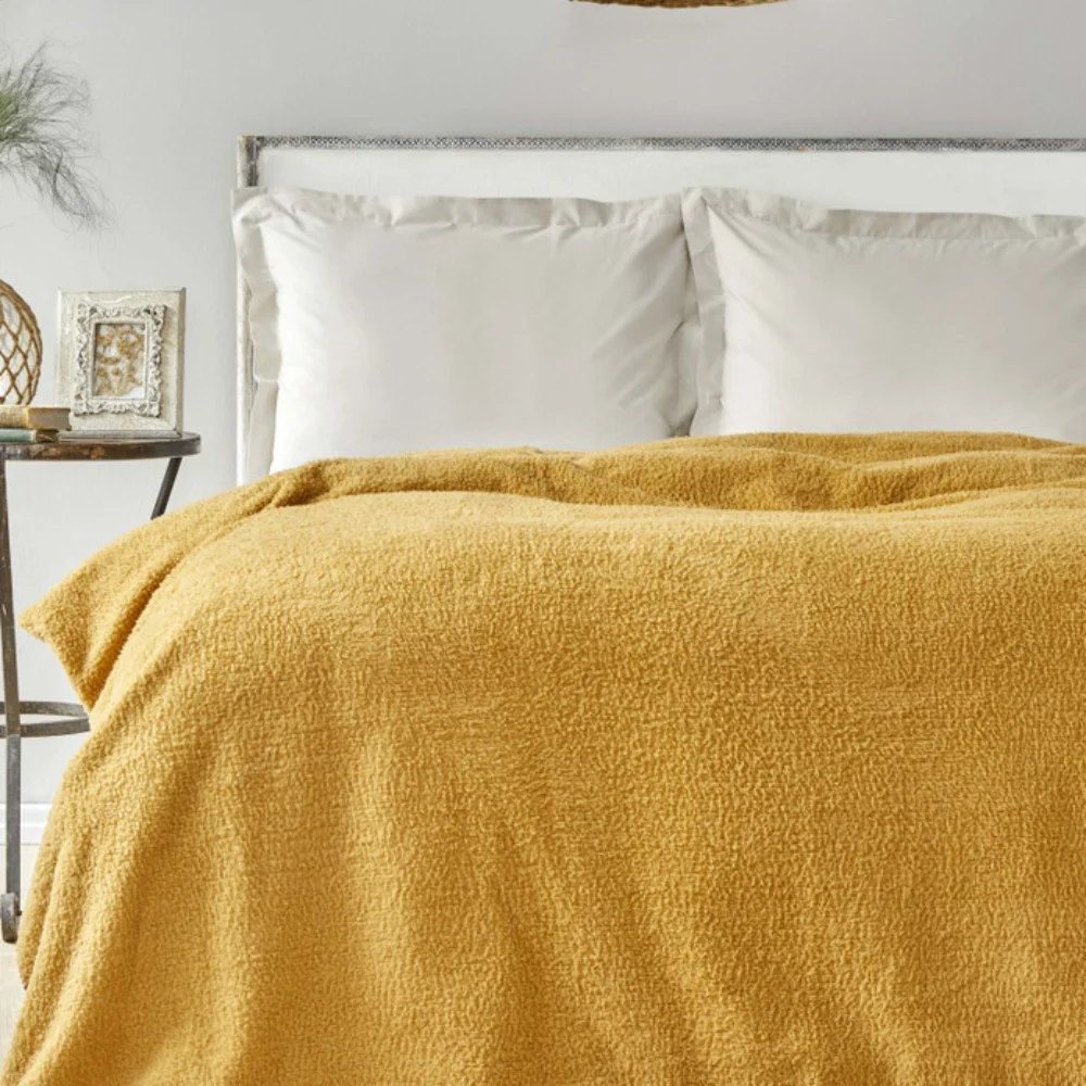 Karaca Karaca Home Faye Mustard Double Sherpa Blanket | 200.18.01.0798 - Home & Kitchen - Lebanon