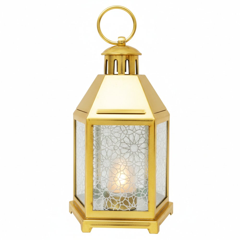 Ramadan Classic Gold LED Lantern with Patterned Glass | 7082-27 - Home & Kitchen - Lebanon