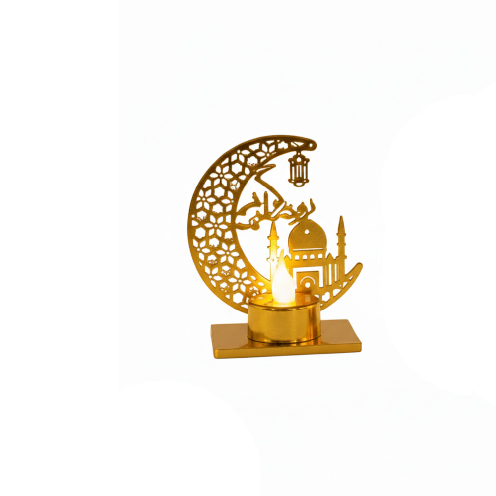 Ramadan Crescent Moon LED Candle Holder with Mosque Design – Gold | 7082-11B - Home & Kitchen - Lebanon