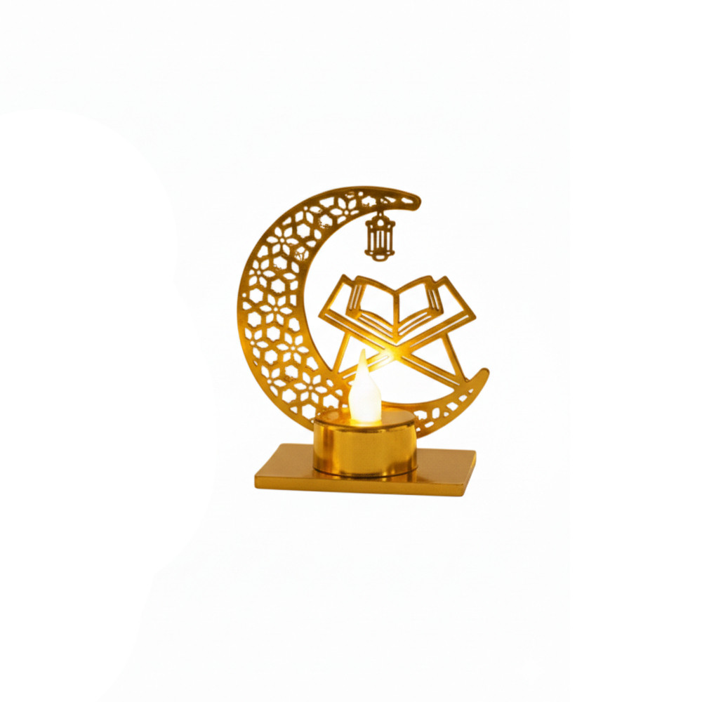 Ramadan Crescent Moon LED Candle Holder with Quran Stand Design – Gold | 7082-11A - Home & Kitchen - Lebanon