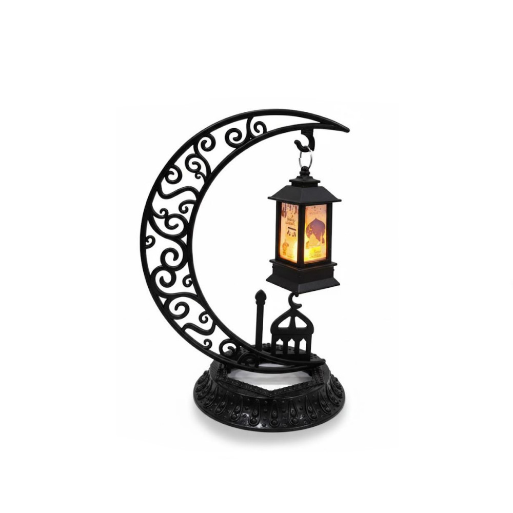 Ramadan Crescent Moon Stand with Hanging LED Lantern – Black | 7082-22 - Home & Kitchen - Lebanon