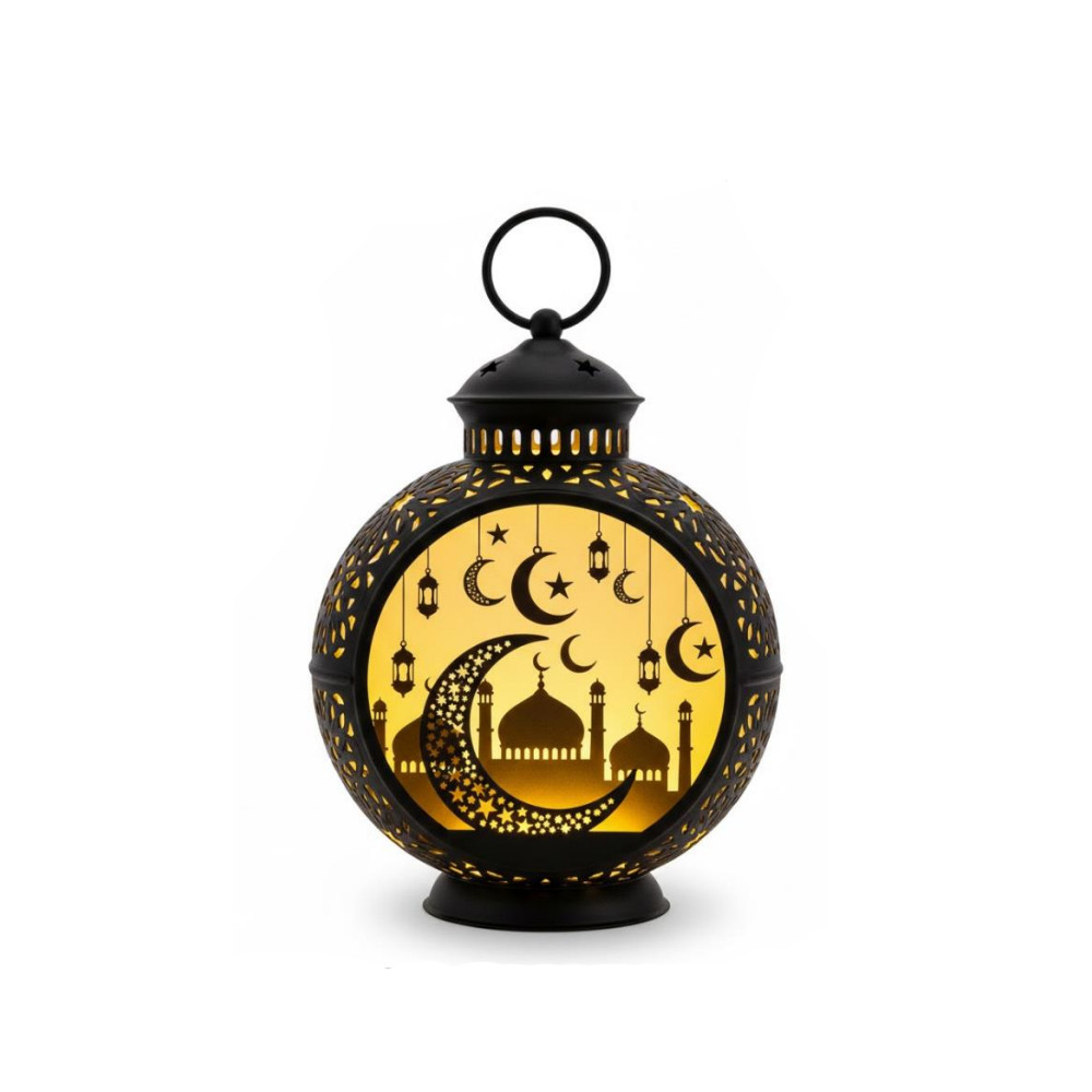 Ramadan Decorative Round LED Lantern with Crescent Moon & Mosque Design – Black | 7082-42 - Home & Kitchen - Lebanon