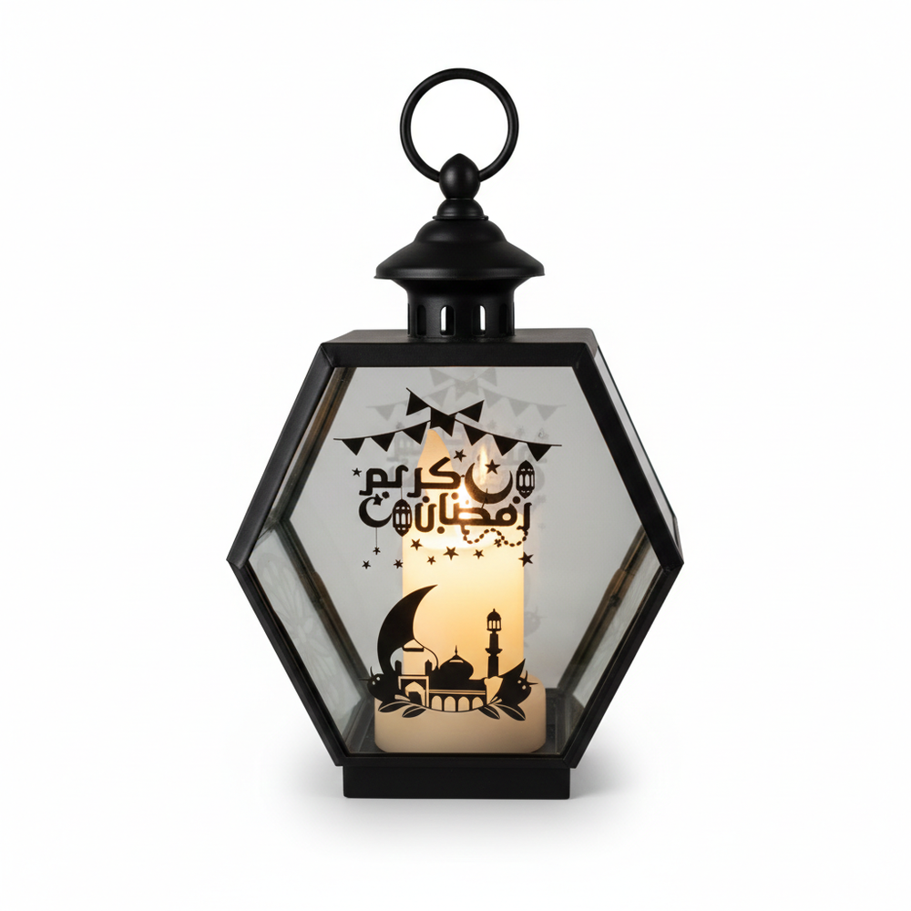 Ramadan Hexagon LED Lantern with Arabic Calligraphy & Mosque Artwork – Black | 7082-37 - Home & Kitchen - Lebanon