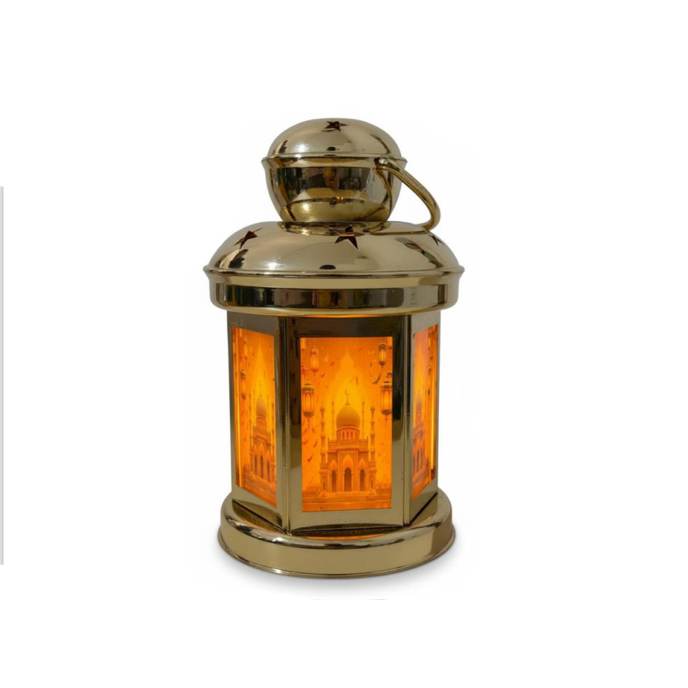 Ramadan Gold LED Lantern with Mosque Illustration Panels | 7138-6 - Home & Kitchen - Lebanon