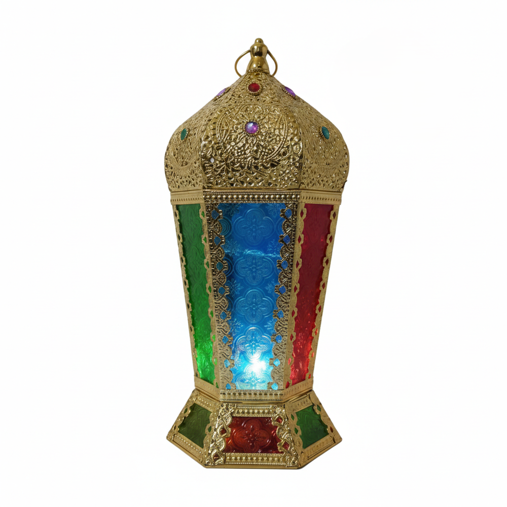 Ramadan Ornate Metal LED Lantern with Multicolor Glass Panels | 7138-71 - Home & Kitchen - Lebanon