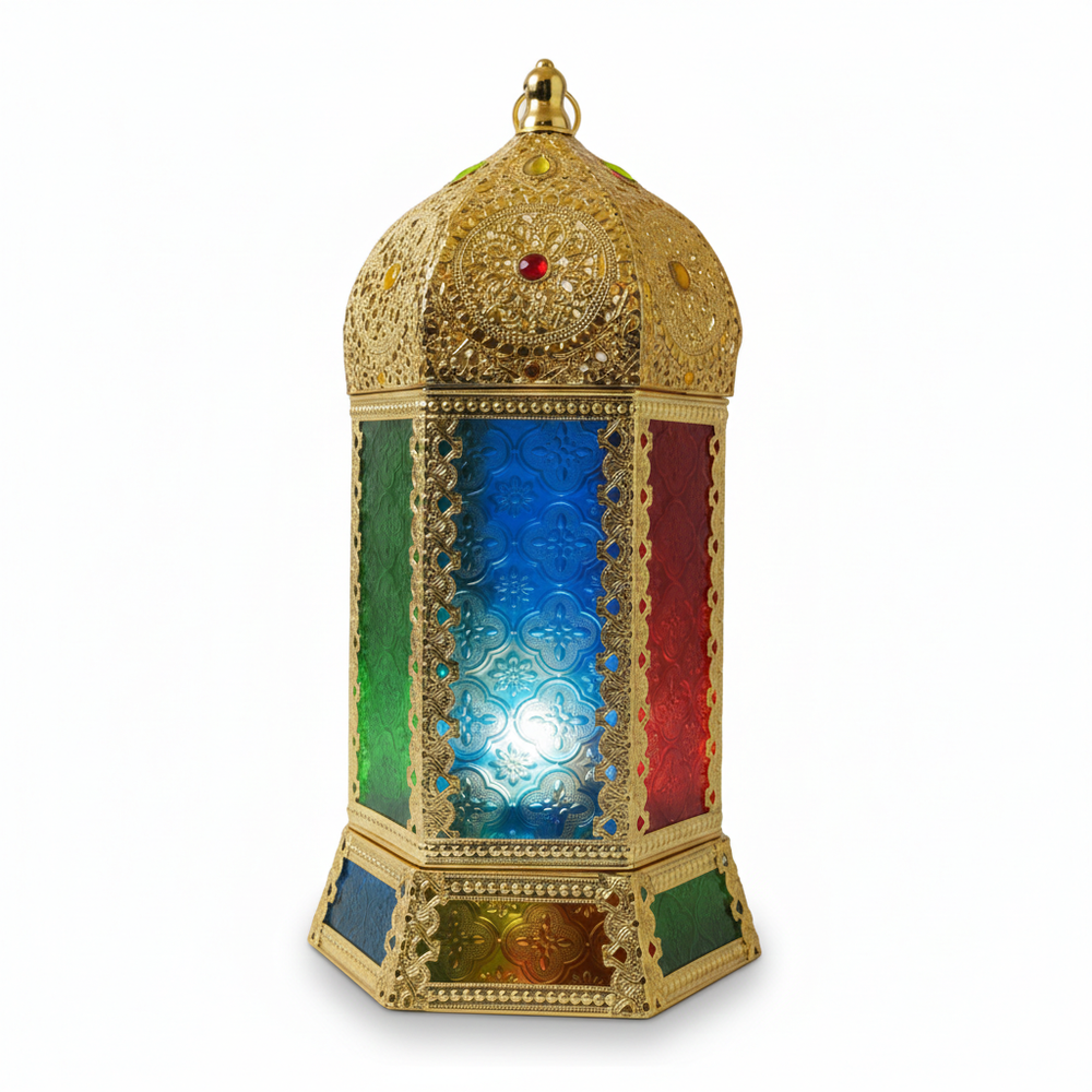 Ramadan Decorative Multicolor Glass LED Lantern – Gold Frame | 7138-74 - Home & Kitchen - Lebanon
